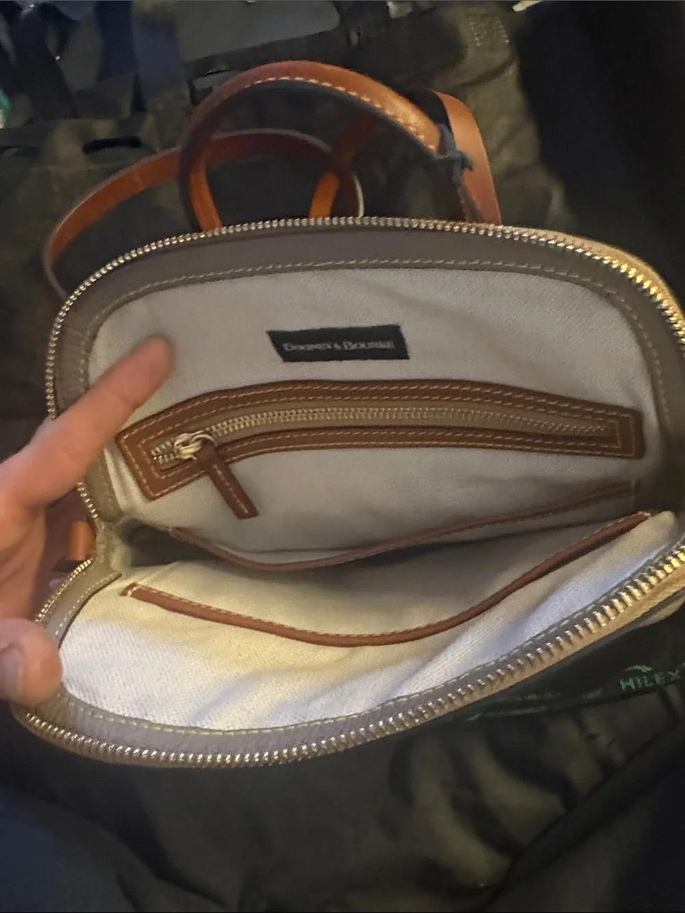Dooney & Bourke Taupe Pebbled Leather Backpack with Brown Trim